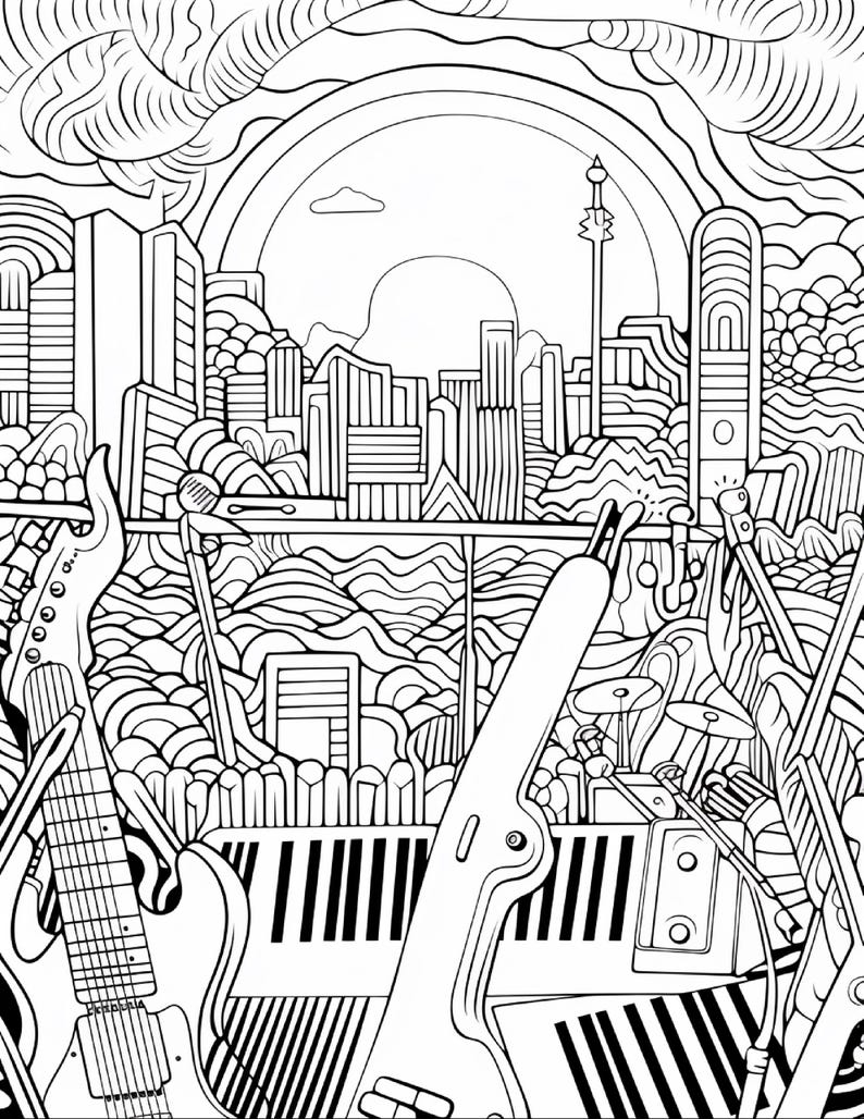 May include: A black and white line art coloring page featuring a musical stage setup with an electric guitar, a keyboard, and drum components in the foreground. The background displays a stylized cityscape with tall buildings and a sun.