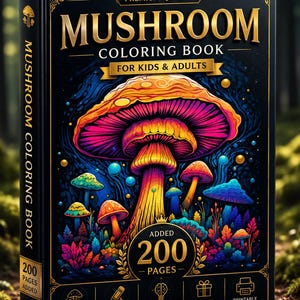 May include: A black hardcover coloring book titled Mushroom Coloring Book for Kids & Adults. The cover features a large, colorful, glowing mushroom illustration with smaller mushrooms and foliage. It includes text stating 200 pages added.