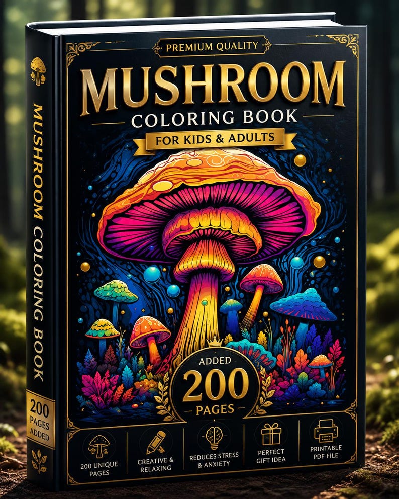 May include: A black hardcover coloring book titled Mushroom Coloring Book for Kids & Adults. The cover features a large, colorful, glowing mushroom illustration with smaller mushrooms and foliage. It includes text stating 200 pages added.