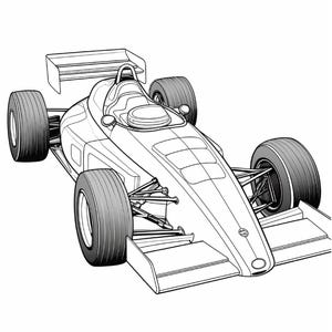 Black and white coloring book illustration of a vintage motorsport racing car viewed from the front right corner.