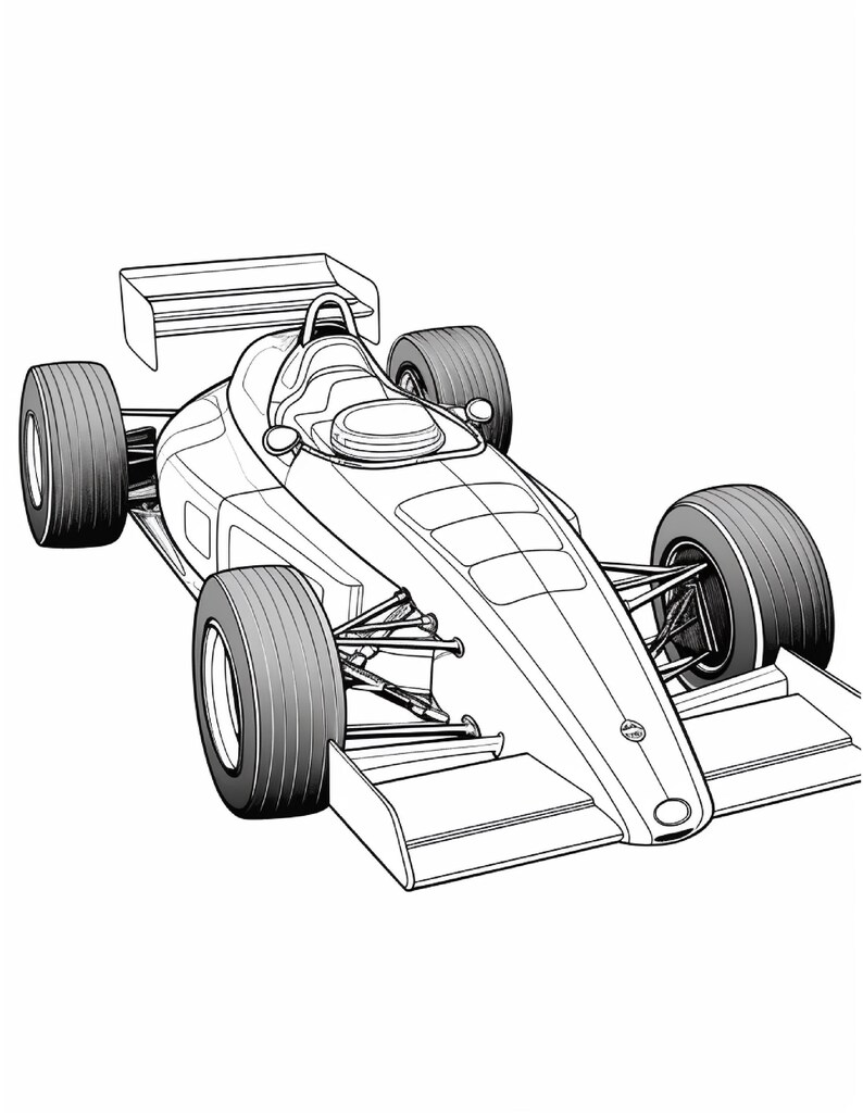 Black and white coloring book illustration of a vintage motorsport racing car viewed from the front right corner.