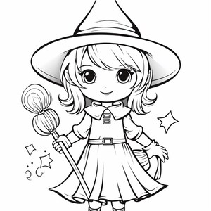 May include: A black and white line art illustration of a character wearing a wide-brimmed pointed hat, a collared dress with a belt, and boots. The character holds a long-handled broom with a round brush head, surrounded by small star shapes.