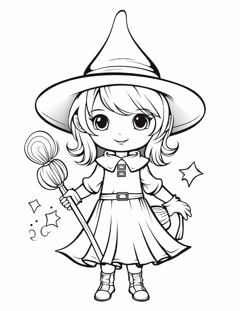 May include: A black and white line art illustration of a character wearing a wide-brimmed pointed hat, a collared dress with a belt, and boots. The character holds a long-handled broom with a round brush head, surrounded by small star shapes.
