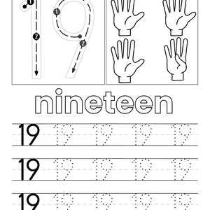 May include: A black and white educational worksheet for learning the number 19. It features the number 19 with directional arrows, four hand illustrations showing fingers, the word nineteen, and three rows of dotted number 19s for tracing practice.