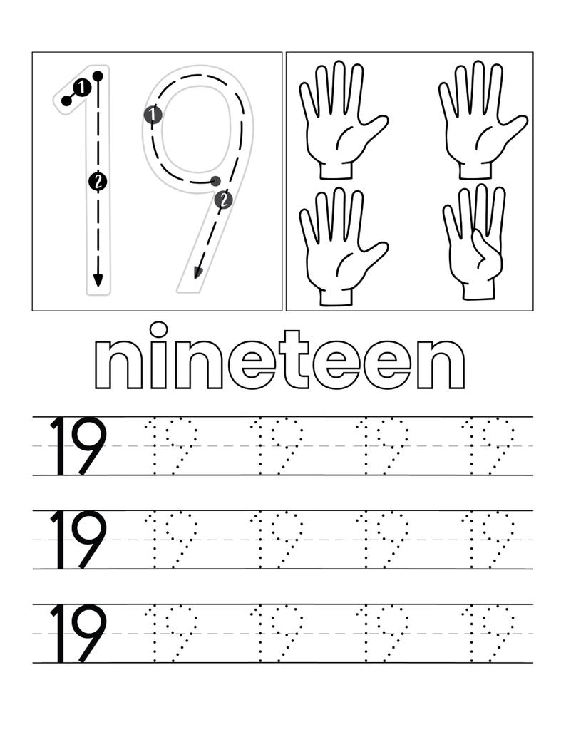 May include: A black and white educational worksheet for learning the number 19. It features the number 19 with directional arrows, four hand illustrations showing fingers, the word nineteen, and three rows of dotted number 19s for tracing practice.