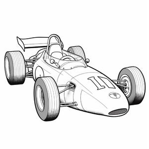 A black and white line drawing of a retro Formula race car marked with the number eleven.