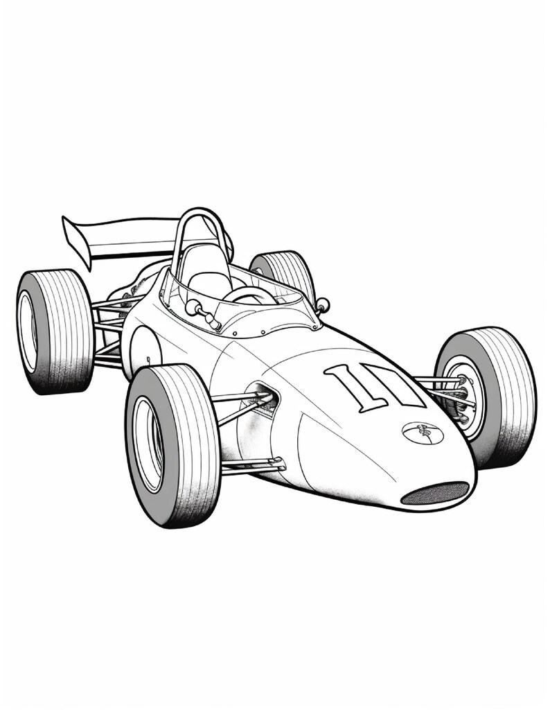 A black and white line drawing of a retro Formula race car marked with the number eleven.