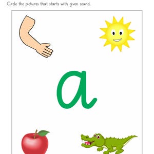 Op de afbeelding: Een educatief werkblad met de kleine letter a in het groen in het midden. Rondom de letter staan illustraties van een menselijke arm, een gele zon, een rode appel met een groen blaadje en een groene krokodil op een witte achtergrond.