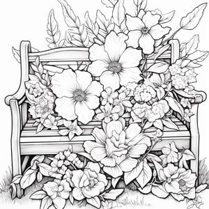 K&ouml;nnte beinhalten: Eine schwarz-wei&szlig;e Strichzeichnung einer h&ouml;lzernen Gartenbank, die mit gro&szlig;en, detaillierten Blumen und &uuml;ppigem Blattwerk bedeckt ist. Die Zeichnung zeigt verschiedene Bl&uuml;ten, Bl&auml;tter und St&auml;ngel, die &uuml;ber Sitzfl&auml;che und R&uuml;ckenlehne verteilt sind.