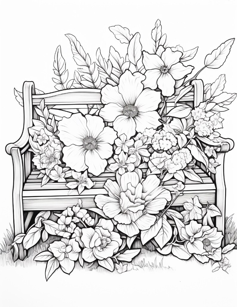 K&ouml;nnte beinhalten: Eine schwarz-wei&szlig;e Strichzeichnung einer h&ouml;lzernen Gartenbank, die mit gro&szlig;en, detaillierten Blumen und &uuml;ppigem Blattwerk bedeckt ist. Die Zeichnung zeigt verschiedene Bl&uuml;ten, Bl&auml;tter und St&auml;ngel, die &uuml;ber Sitzfl&auml;che und R&uuml;ckenlehne verteilt sind.