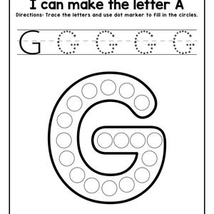 A black and white printable worksheet featuring uppercase letter G to trace and an outline of the letter G filled with dot circles, with the text G is for Grape.