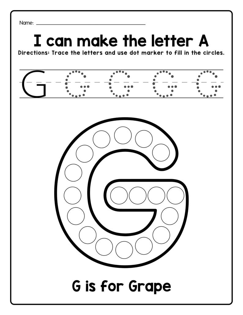 A black and white printable worksheet featuring uppercase letter G to trace and an outline of the letter G filled with dot circles, with the text G is for Grape.