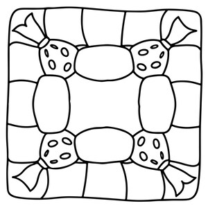 May include: A square black and white line art illustration featuring a central rectangular space surrounded by four stylised candy shapes in the corners. Each candy is tied at the ends and decorated with small circles, set within a grid-like border.