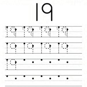 Peut inclure: Une feuille de travail &eacute;ducative en noir et blanc pour le tra&ccedil;age des chiffres, intitul&eacute;e Name et Number Tracing The Number 19. La page pr&eacute;sente un grand chiffre 19 en haut, suivi de lignes de chiffres 19 en pointill&eacute;s avec des fl&egrave;ches.