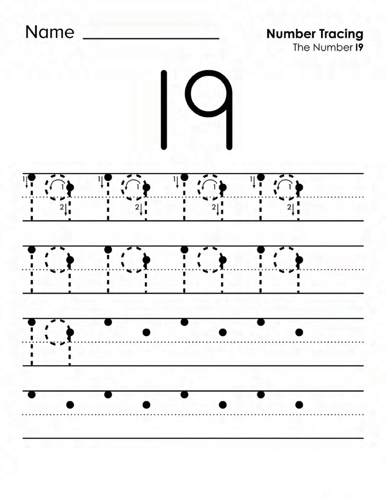 Peut inclure: Une feuille de travail &eacute;ducative en noir et blanc pour le tra&ccedil;age des chiffres, intitul&eacute;e Name et Number Tracing The Number 19. La page pr&eacute;sente un grand chiffre 19 en haut, suivi de lignes de chiffres 19 en pointill&eacute;s avec des fl&egrave;ches.
