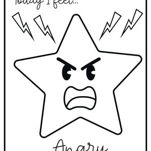 A printable flashcard featuring an angry star face with furrowed brows and lightning bolts, labeled Today I feel... and Angry.