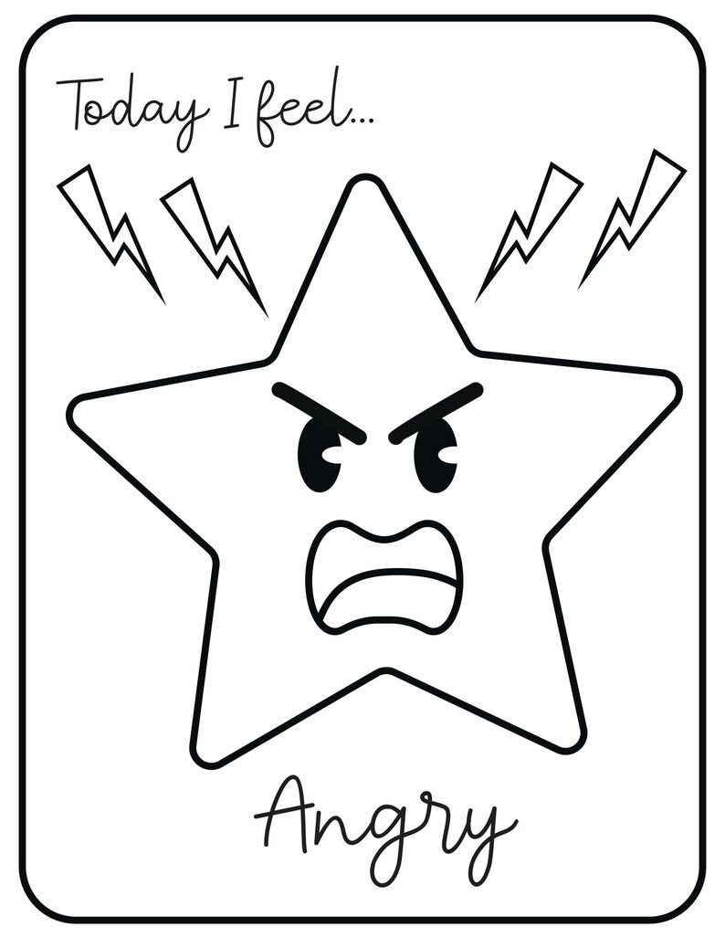 A printable flashcard featuring an angry star face with furrowed brows and lightning bolts, labeled Today I feel... and Angry.
