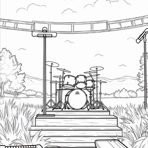 May include: A black and white line art illustration of a drum kit set up on a wooden stage outdoors. The scene includes microphones on stands, musical equipment in the foreground, and a landscape background with trees, mountains, and clouds.