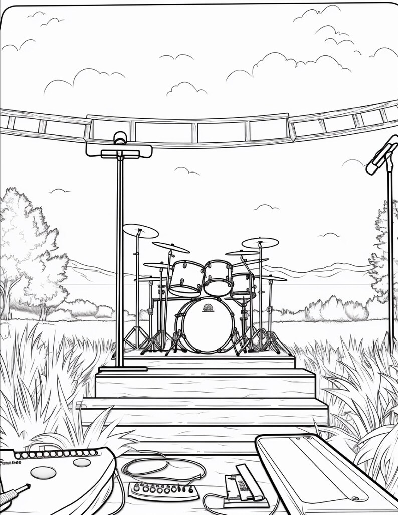 May include: A black and white line art illustration of a drum kit set up on a wooden stage outdoors. The scene includes microphones on stands, musical equipment in the foreground, and a landscape background with trees, mountains, and clouds.