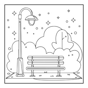 May include: A black and white line art illustration of a park scene featuring a tall street lamp standing next to a wooden park bench. The background shows stylised bushes and trees under a night sky filled with small circles and four-pointed stars.