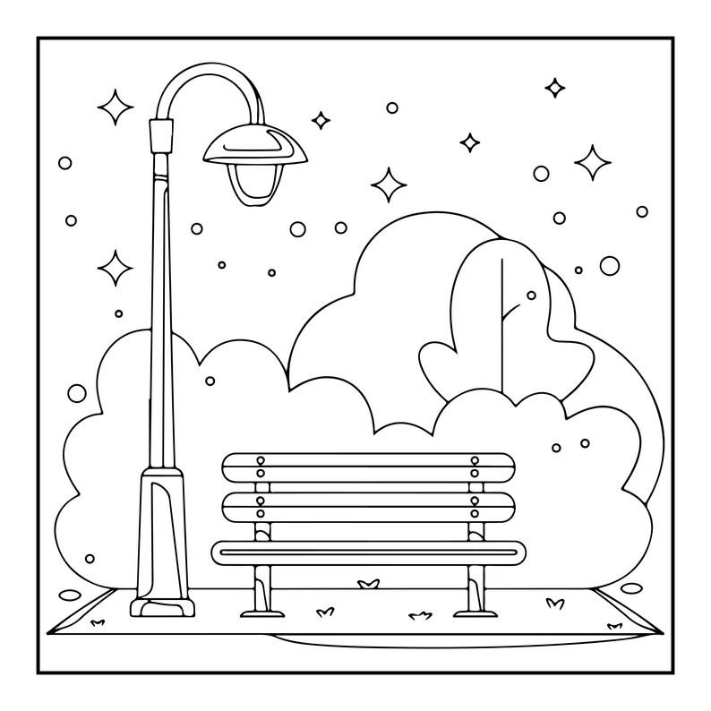 May include: A black and white line art illustration of a park scene featuring a tall street lamp standing next to a wooden park bench. The background shows stylised bushes and trees under a night sky filled with small circles and four-pointed stars.