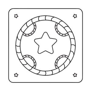 May include: A square black and white line art graphic featuring a central star inside a circular rope-textured border. Four smaller stars are positioned in each corner of the square frame, creating a balanced and symmetrical geometric design.