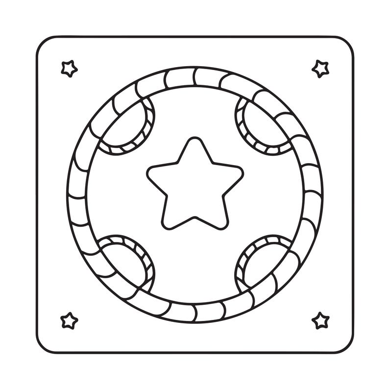 May include: A square black and white line art graphic featuring a central star inside a circular rope-textured border. Four smaller stars are positioned in each corner of the square frame, creating a balanced and symmetrical geometric design.