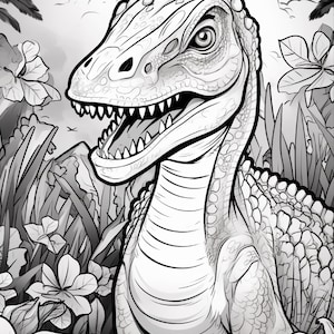 Pu&ograve; includere: Un'illustrazione in bianco e nero a tratto di un dinosauro con una pelle squamosa e strutturata e denti affilati, posizionato in un ambiente di giungla densa pieno di grandi foglie tropicali, fiori e fronde di palma sotto un cielo luminoso.