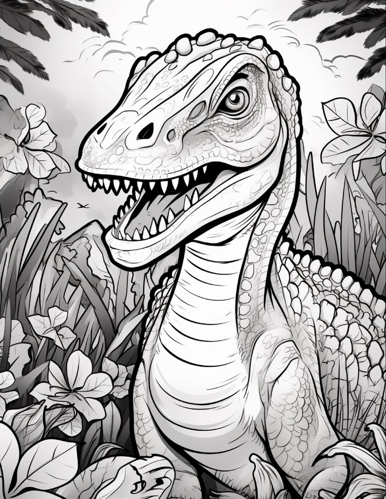 Pu&ograve; includere: Un'illustrazione in bianco e nero a tratto di un dinosauro con una pelle squamosa e strutturata e denti affilati, posizionato in un ambiente di giungla densa pieno di grandi foglie tropicali, fiori e fronde di palma sotto un cielo luminoso.