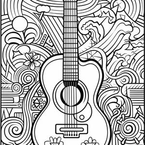 May include: A black and white line art illustration featuring a centered acoustic guitar surrounded by intricate patterns including swirling waves, geometric shapes, flowers, stars, and circular motifs, creating a detailed coloring page design.