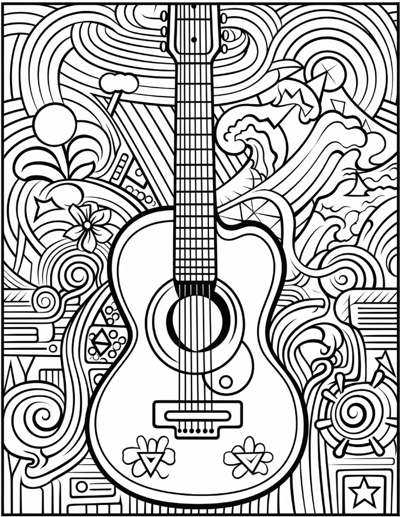 May include: A black and white line art illustration featuring a centered acoustic guitar surrounded by intricate patterns including swirling waves, geometric shapes, flowers, stars, and circular motifs, creating a detailed coloring page design.