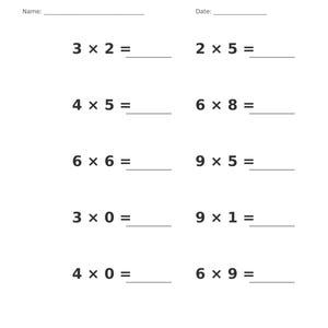 May include: A white educational worksheet titled Multiplication &bull; Single Digit with a grey header. It features ten maths problems arranged in two columns, with blank lines for Name and Date at the top and Page 10 of 100 at the bottom.