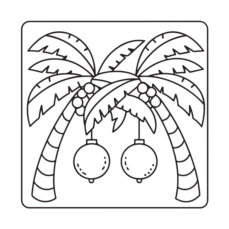May include: A black and white line art illustration featuring a palm tree with coconuts. Two round ornaments hang from the palm fronds by thin strings. The entire design is enclosed within a square border with rounded corners, creating a graphic.
