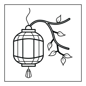 May include: A black and white line art illustration of a hanging lantern suspended from a curved branch. The lantern features a grid pattern with a tassel at the bottom, while the branch is adorned with several simple, pointed leaves.