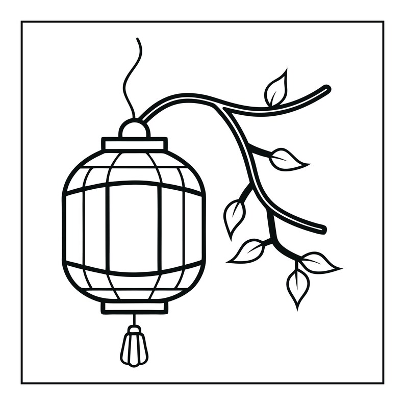 May include: A black and white line art illustration of a hanging lantern suspended from a curved branch. The lantern features a grid pattern with a tassel at the bottom, while the branch is adorned with several simple, pointed leaves.