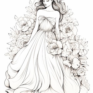 Pu&ograve; includere: Un'illustrazione a tratto in bianco e nero di una persona con lunghi capelli fluenti che indossa un abito senza spalline con una gonna ampia e plissettata. La figura &egrave; circondata da grandi fiori e foglie dettagliate che incorniciano l'immagine.