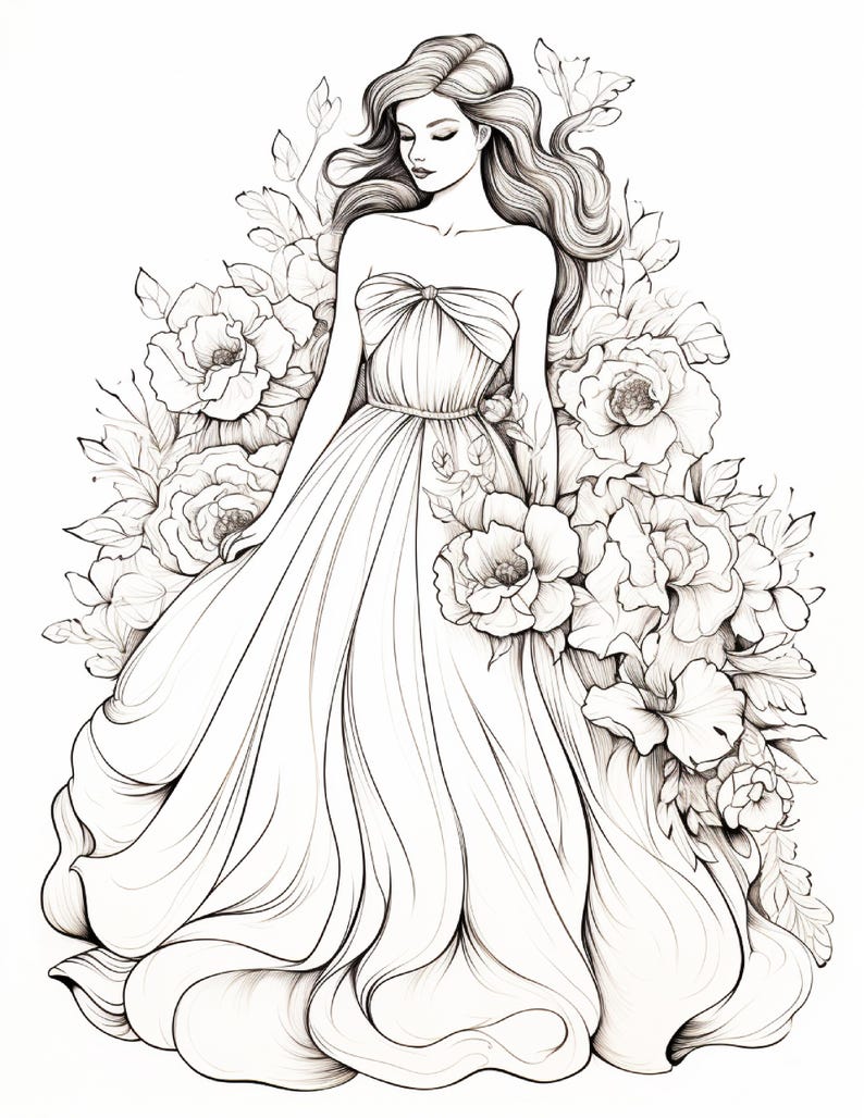 Pu&ograve; includere: Un'illustrazione a tratto in bianco e nero di una persona con lunghi capelli fluenti che indossa un abito senza spalline con una gonna ampia e plissettata. La figura &egrave; circondata da grandi fiori e foglie dettagliate che incorniciano l'immagine.