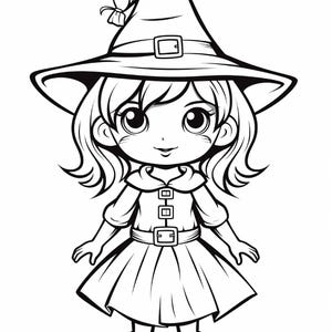 May include: A black and white line art illustration of a character wearing a pointed witch hat with a buckle, a collared top with three small square buttons, a belted skirt, and simple shoes. The character has large eyes and shoulder-length hair.