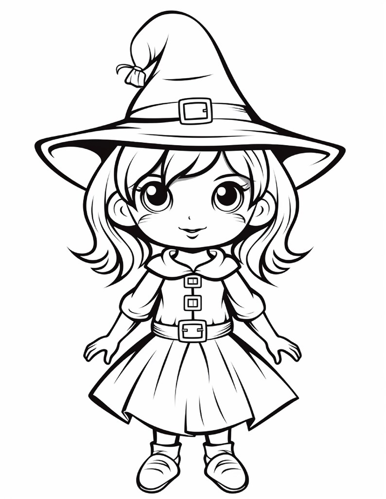 May include: A black and white line art illustration of a character wearing a pointed witch hat with a buckle, a collared top with three small square buttons, a belted skirt, and simple shoes. The character has large eyes and shoulder-length hair.