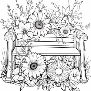 K&ouml;nnte beinhalten: Eine schwarz-wei&szlig;e Strichzeichnung einer Parkbank aus Holz, die von verschiedenen bl&uuml;henden Blumen umgeben ist. Die Bank hat eine R&uuml;ckenlehne mit Latten und geschwungene Armlehnen, w&auml;hrend gro&szlig;e G&auml;nsebl&uuml;mchen und kleinere Bl&uuml;ten den Vordergrund f&uuml;llen.