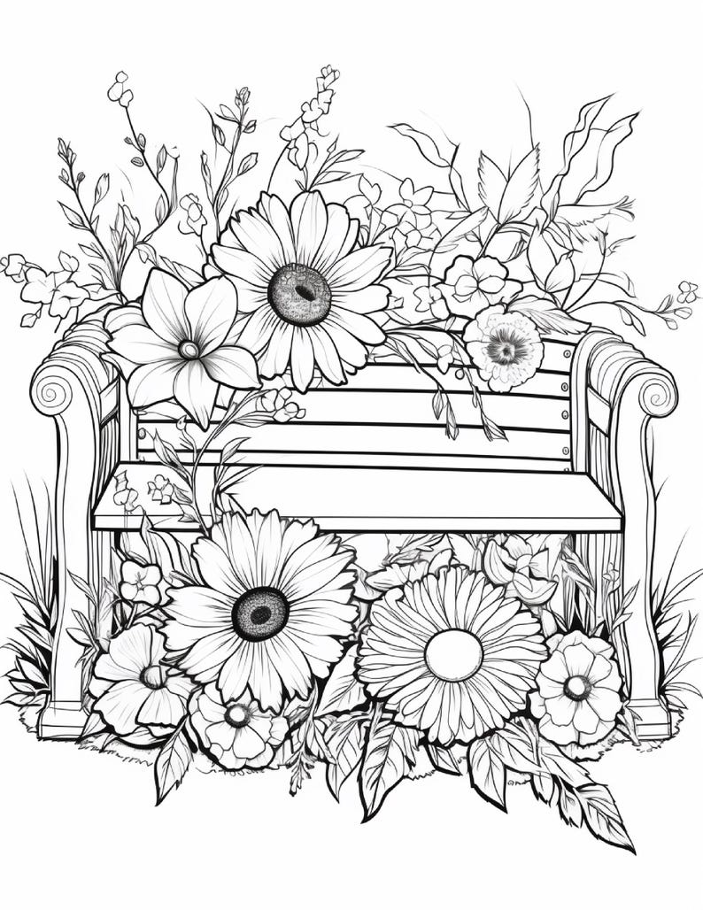 K&ouml;nnte beinhalten: Eine schwarz-wei&szlig;e Strichzeichnung einer Parkbank aus Holz, die von verschiedenen bl&uuml;henden Blumen umgeben ist. Die Bank hat eine R&uuml;ckenlehne mit Latten und geschwungene Armlehnen, w&auml;hrend gro&szlig;e G&auml;nsebl&uuml;mchen und kleinere Bl&uuml;ten den Vordergrund f&uuml;llen.