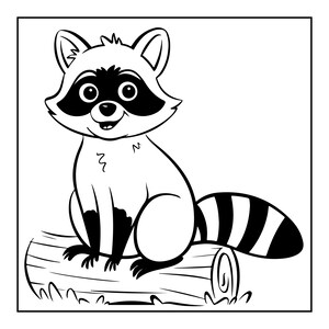 May include: A black and white line art illustration of a cartoon raccoon sitting on a wooden log. The raccoon has a distinct facial mask, pointed ears, and a bushy, striped tail. The drawing features bold outlines and solid black areas.