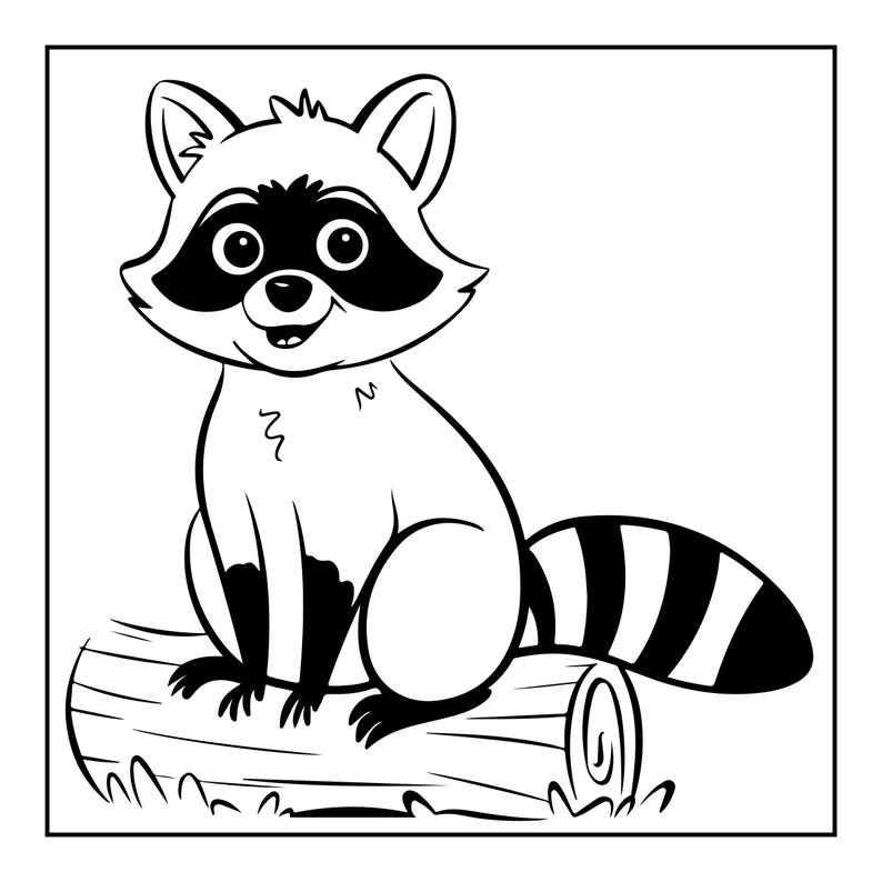 May include: A black and white line art illustration of a cartoon raccoon sitting on a wooden log. The raccoon has a distinct facial mask, pointed ears, and a bushy, striped tail. The drawing features bold outlines and solid black areas.