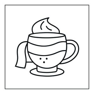 May include: A black and white line art illustration of a mug filled with a beverage topped with whipped cream. The mug features a horizontal wavy line pattern across the center and three small dots near the base, with a handle on the right side.