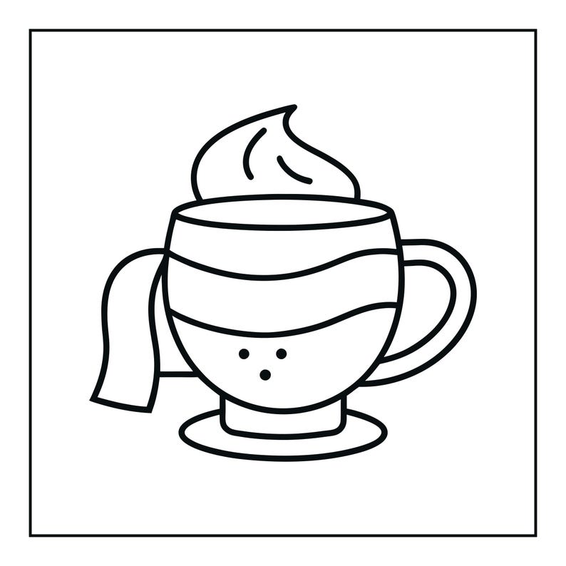 May include: A black and white line art illustration of a mug filled with a beverage topped with whipped cream. The mug features a horizontal wavy line pattern across the center and three small dots near the base, with a handle on the right side.