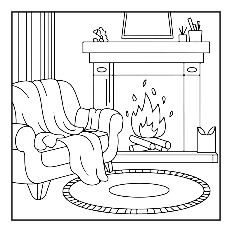 May include: A black and white line art colouring page illustration featuring a cosy living room scene with an armchair draped in a blanket, a circular rug on the floor, and a fireplace with a burning fire, a mantelpiece, and decorative items.