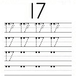 Peut inclure: Une feuille d'exercices de tra&ccedil;age de nombres en noir et blanc avec le texte Name, Number Tracing et The Number 17. La page pr&eacute;sente un grand chiffre 17 en haut, suivi de lignes de chiffres 17 en pointill&eacute;s avec des fl&egrave;ches et des points.