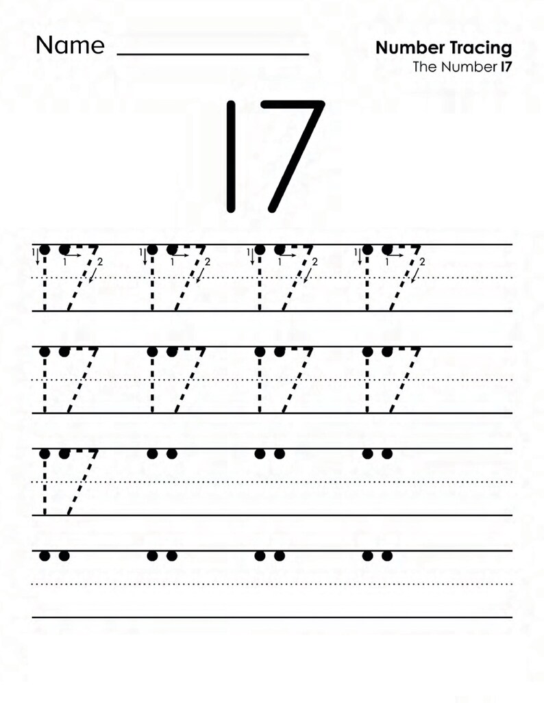 Peut inclure: Une feuille d'exercices de tra&ccedil;age de nombres en noir et blanc avec le texte Name, Number Tracing et The Number 17. La page pr&eacute;sente un grand chiffre 17 en haut, suivi de lignes de chiffres 17 en pointill&eacute;s avec des fl&egrave;ches et des points.