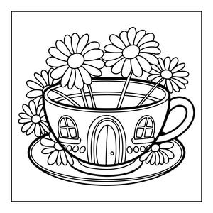 A black and white coloring page of a teacup shaped like a house with daisies growing out of it.