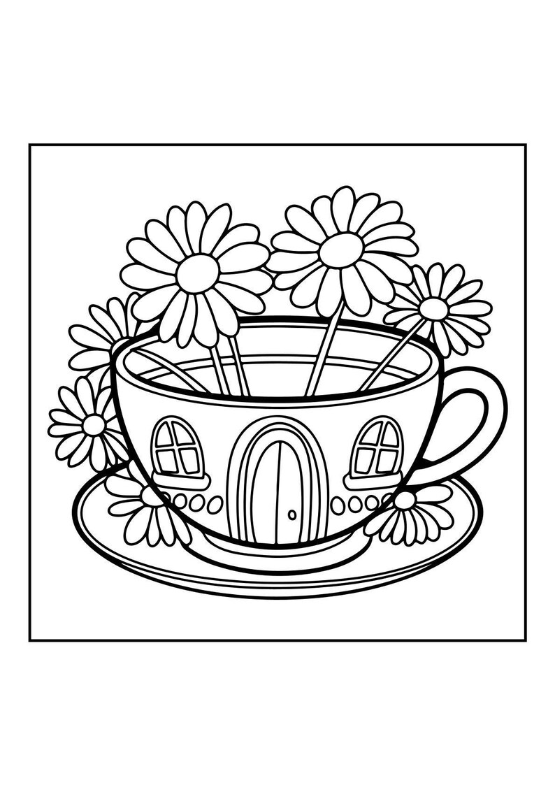 A black and white coloring page of a teacup shaped like a house with daisies growing out of it.